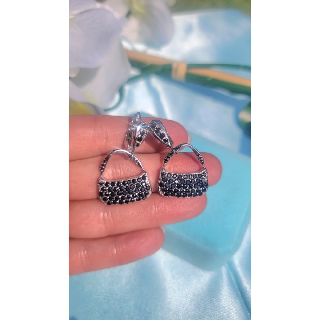 Luxurious BlueBags authentic 10.8 carat Sapphire black rhodium .925 Sterling Silver handcrafted earrings - Close-up of Luxurious BlueBags earrings with sapphire stones.
