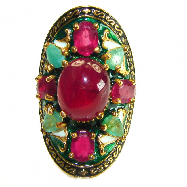 Wisdom authentic 8.7 carat Ruby enamel 18 K Gold over .925 Silver handcrafted Statement Ring s. 6 3/4