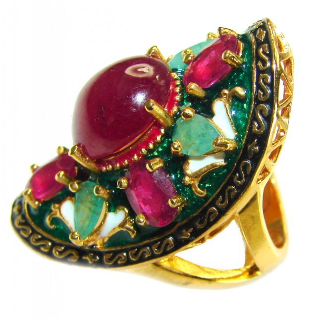 Wisdom authentic 8.7 carat Ruby enamel 18 K Gold over .925 Silver handcrafted Statement Ring s. 6 3/4