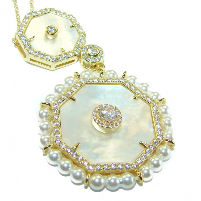 Precious natural creamy Blister Pearl 14K Gold over .925 Sterling Silver Necklace - Close-up of gold and diamond-accented octagonal pearl pendant.