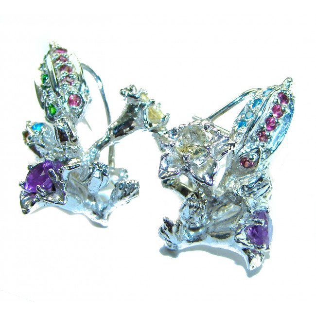 Exotic Flowers 11.2 carat Amethyst Ruby Emerald Sapphire .925 Sterling Silver handcrafted earrings