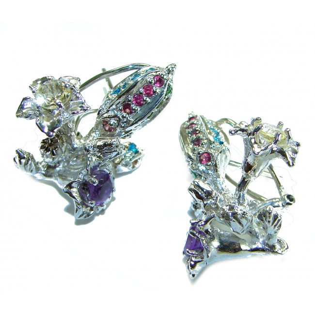 Exotic Flowers 11.2 carat Amethyst Ruby Emerald Sapphire .925 Sterling Silver handcrafted earrings