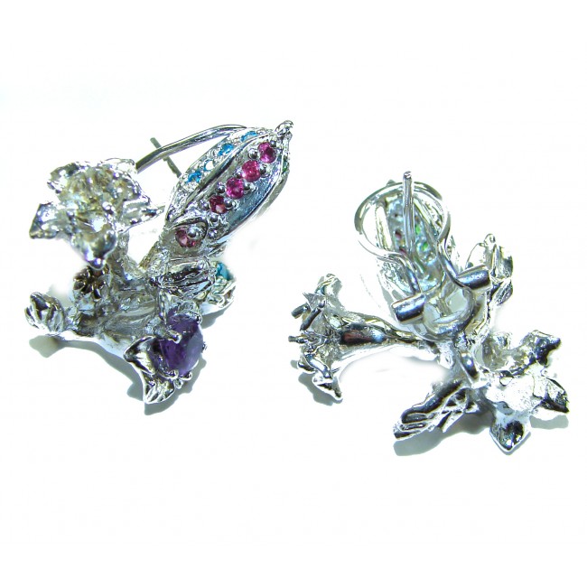 Exotic Flowers 11.2 carat Amethyst Ruby Emerald Sapphire .925 Sterling Silver handcrafted earrings