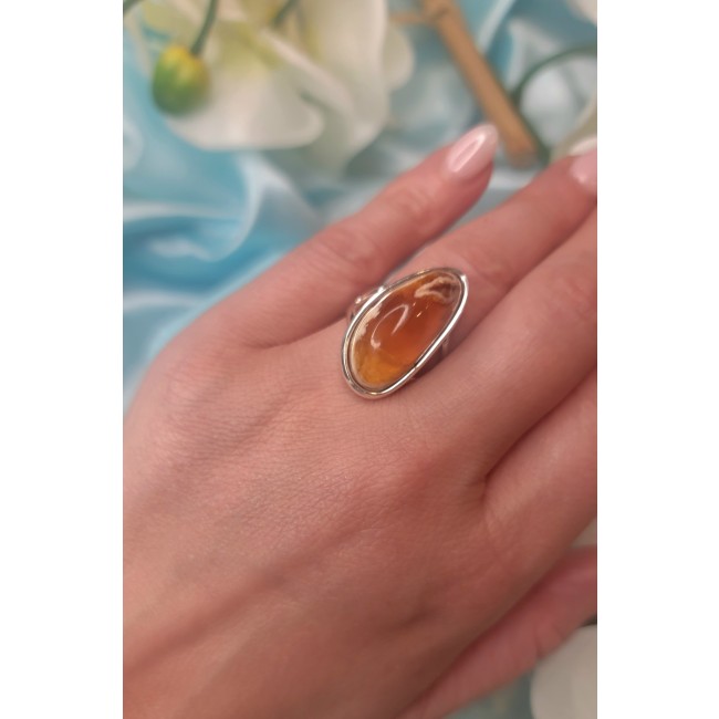 Inner Fire best quality 21.4 carat Mexican Opal 18K Gold over .925 Sterling Silver handmade ring 9 - Mexican Opal ring in 18K gold worn on hand, side view.