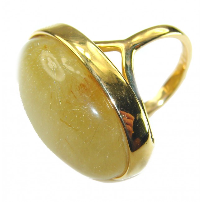 21.2 carat Himalayan Golden Rutilated Quartz 14K Gold over .925 Sterling Silver handcrafted Ring Size 5 - Side view of 21.2 ct Golden Rutilated Quartz ring in 14K gold setting.