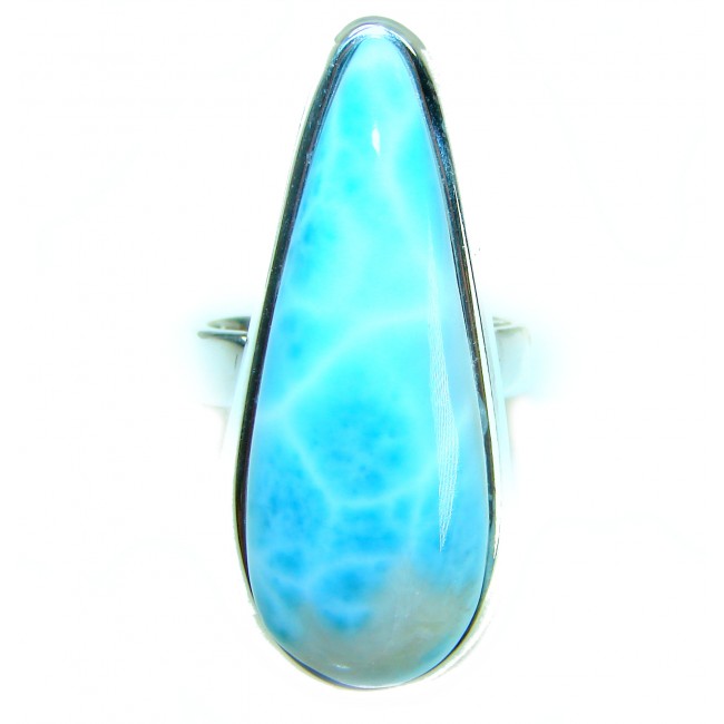 Blue Dreamer authentic Larimar .925 Sterling Silver handmade Large Solid ring size 7 adjustable - Close-up of Blue Dreamer Larimar ring in .925 Sterling Silver.