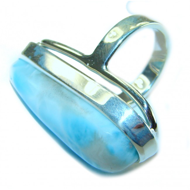 Blue Dreamer authentic Larimar .925 Sterling Silver handmade Large Solid ring size 7 adjustable - Side view of Blue Dreamer Larimar ring in .925 Sterling Silver.