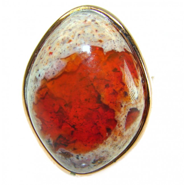 Inner Fire best quality 21.4 carat Mexican Opal 18K Gold over .925 Sterling Silver handmade ring 8 adjustable - Close-up of Inner Fire Mexican Opal set in 18K gold.