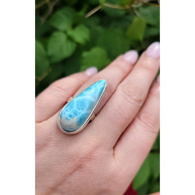 Blue Dreamer authentic Larimar .925 Sterling Silver handmade Large Solid ring size 7 adjustable - Larimar teardrop ring in silver, worn on hand, close-up view.