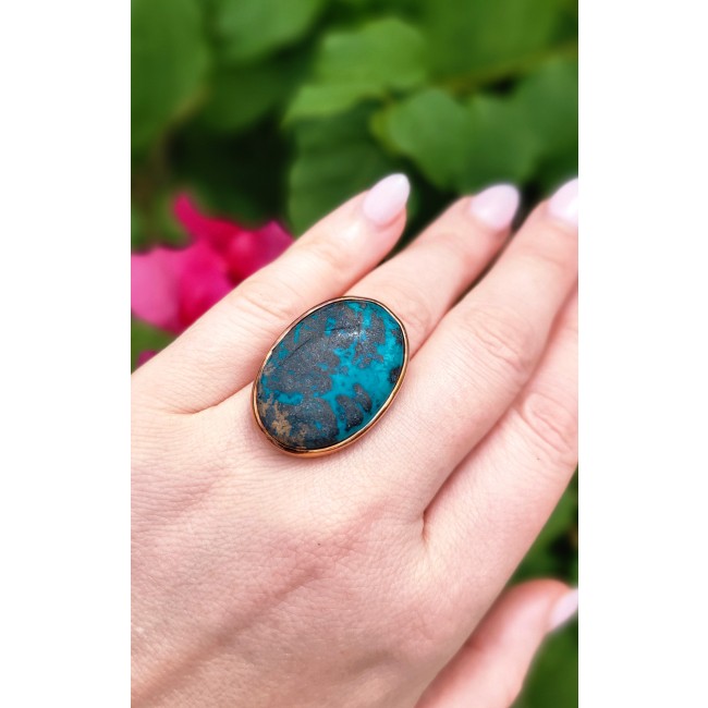 Authentic Parrot's Wing Chrysocolla 18K Gold over .925 Sterling Silver handcrafted ring size 8 adjustable