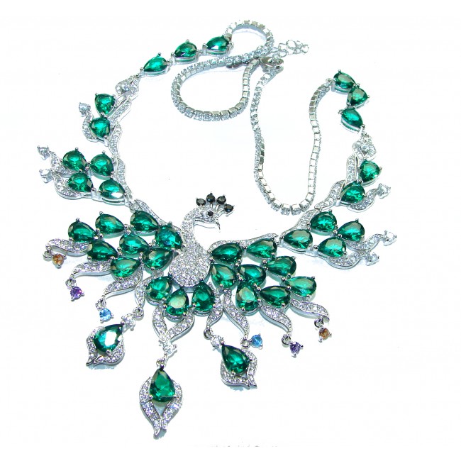 65.2 carat Graceful Swan Natural Emerald .925 Sterling Silver handcrafted Statement necklace