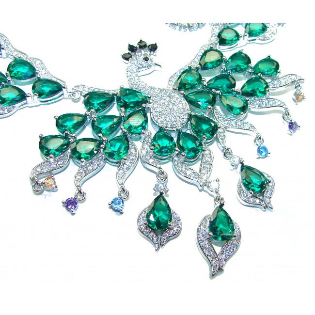 65.2 carat Graceful Swan Natural Emerald .925 Sterling Silver handcrafted Statement necklace