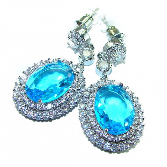 Atlantica 8.5 carat genuine Swiss Blue Topaz .925 Sterling Silver handmade Statement earrings - Close-up of Atlantica 8.5 carat Swiss Blue Topaz sterling silver earrings