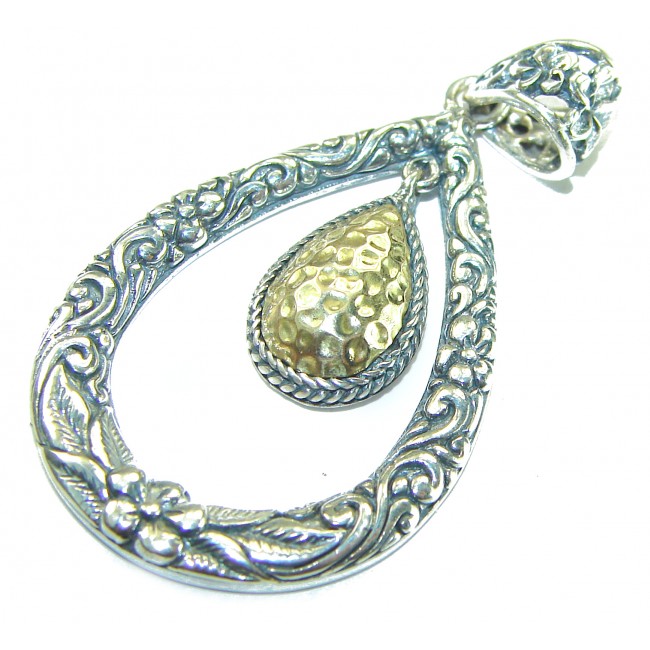 Bali Treasure 2 tones .925 Sterling Silver BALI handcrafted Pendant - Ornate silver and gold teardrop pendant, detailed close-up view