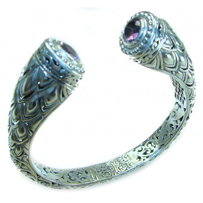 Heavy and Solid 49.8 grams authentic Amethyst .925 Sterling Silver handcrafted bracelet - Side view of ornate sterling silver bracelet with amethyst stones