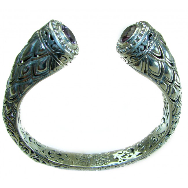 Heavy and Solid 49.8 grams authentic Amethyst .925 Sterling Silver handcrafted bracelet - Ornate silver cuff bracelet with amethyst, top view detailing pattern.