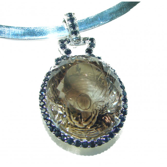 Truly Outstanding 62.5 carat carved Smoky Topaz .925 Sterling Silver handcrafted Statement necklace - Close-up of 62.5 carat carved smoky topaz pendant with gemstone accents.