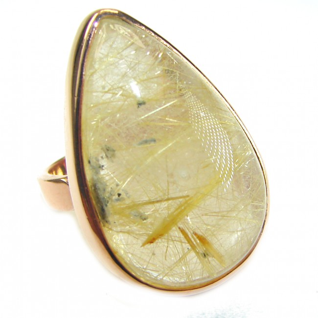21.2 carat Himalayan Golden Rutilated Quartz 14K Gold over .925 Sterling Silver handcrafted Ring Size 5 - Close-up of teardrop Himalayan Golden Rutilated Quartz ring in 14K gold