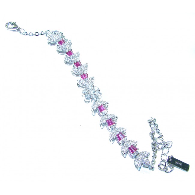 Art Deco - Luxurious natural 4.5 carat Ruby .925 Silver handcrafted bracelet - Art Deco ruby bracelet, top view, showing clasp and detailed stones.