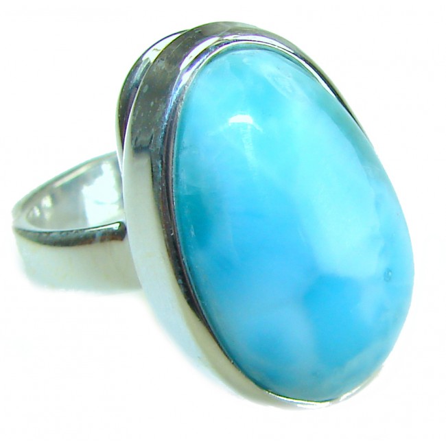 Captivating allure of Genuine AAAA Caribbean Larimar .925 Sterling Silver handcrafted STATEMENT ring size 7 adjustable - Close-up of Genuine AAAA Caribbean Larimar ring in .925 silver setting.