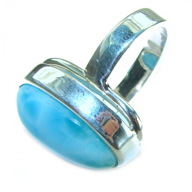 Captivating allure of Genuine AAAA Caribbean Larimar .925 Sterling Silver handcrafted STATEMENT ring size 7 adjustable - Close-up of Genuine AAAA Caribbean Larimar stone ring side view