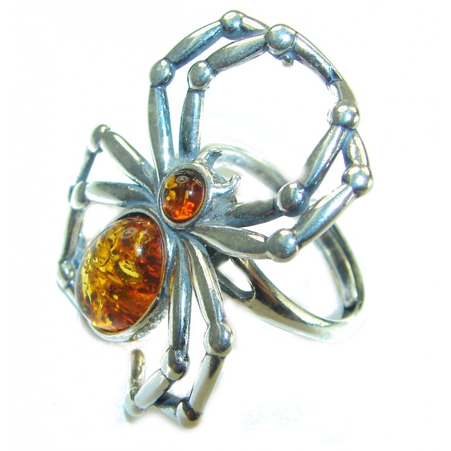 Golden Spider Authentic Baltic Amber .925 Sterling Silver handcrafted ring; s. 7 adjustable - Front view of spider-shaped silver ring with amber stones.