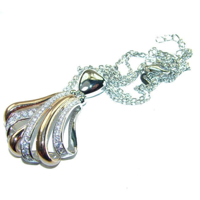 Dazzling Beauty - White Topaz 2 tones .925 Sterling Silver handcrafted necklace - Pendant close-up, two-tone with white topaz and silver chain.