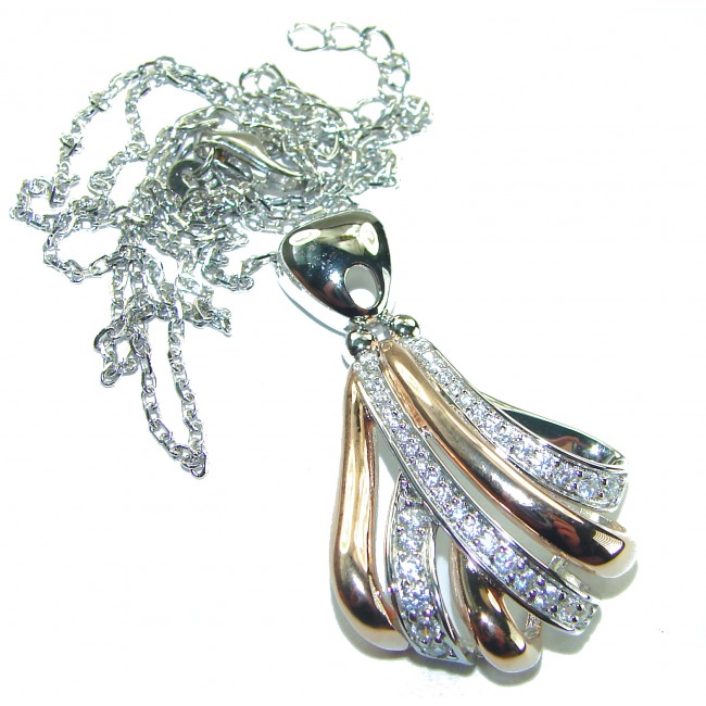 Dazzling Beauty - White Topaz 2 tones .925 Sterling Silver handcrafted necklace - Elegant pendant and chain, top view, white topaz and two-tone sterling silver.