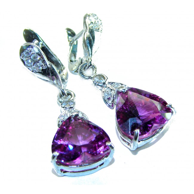 The Spade - Deep Purple Heart 11.8 carat Authentic Topaz .925 Sterling Silver Handcrafted earrings - Close-up of The Spade earrings with deep purple heart topaz stones.