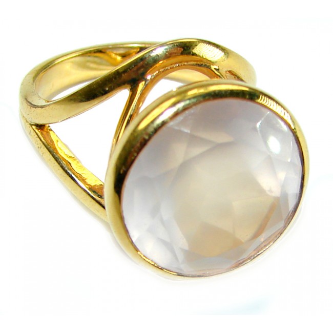 Authentic 10.5 carat Brazilian Rose Quartz 14K Gold over .925 Sterling Silver incredible Ring size 7 - Side view of 10.5 carat Brazilian Rose Quartz ring in 14K gold over.
