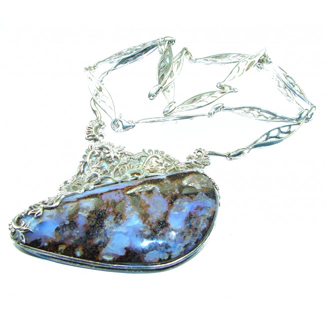 Back to nature Australian Boulder Opal .925 Sterling Silver brilliantly handcrafted necklace - Side view of Australian Boulder Opal necklace with detailed silver chain