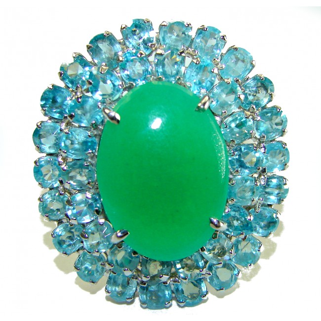Good Fortune - Large Vintage Style 35.9 carat Jade Swiss Blue Topaz .925 Sterling Silver handmade Cocktail Ring s. 7