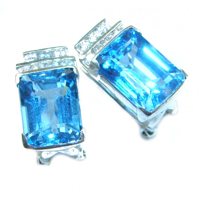 Purity 12.5 carat Swiss Blue Topaz .925 Sterling Silver handmade Statement earrings - Close-up of Swiss Blue Topaz Earrings in Sterling Silver.