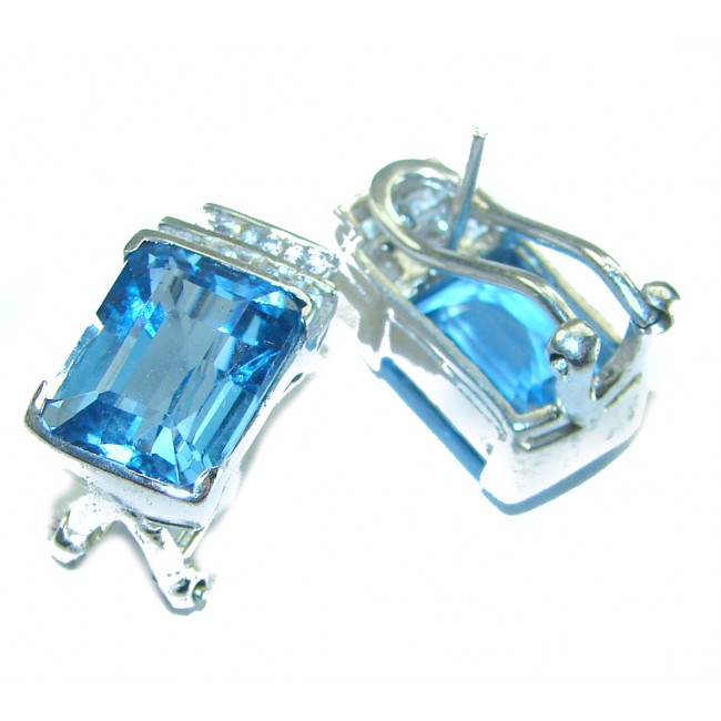 Purity 12.5 carat Swiss Blue Topaz .925 Sterling Silver handmade Statement earrings - Close-up of Swiss Blue Topaz earrings in sterling silver setting.
