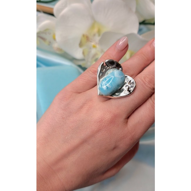 Angel's Heart Genuine Caribbean Larimar .925 Sterling Silver handcrafted MASSIVE 21.5 carat STATEMENT ring size 8 - Angel's Heart Larimar ring worn on hand, silver setting.