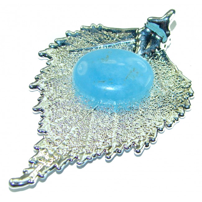 Stylish REAL Leaf dipped in Sterling Silver Aquamarine & .925 Sterling Silver Pendant