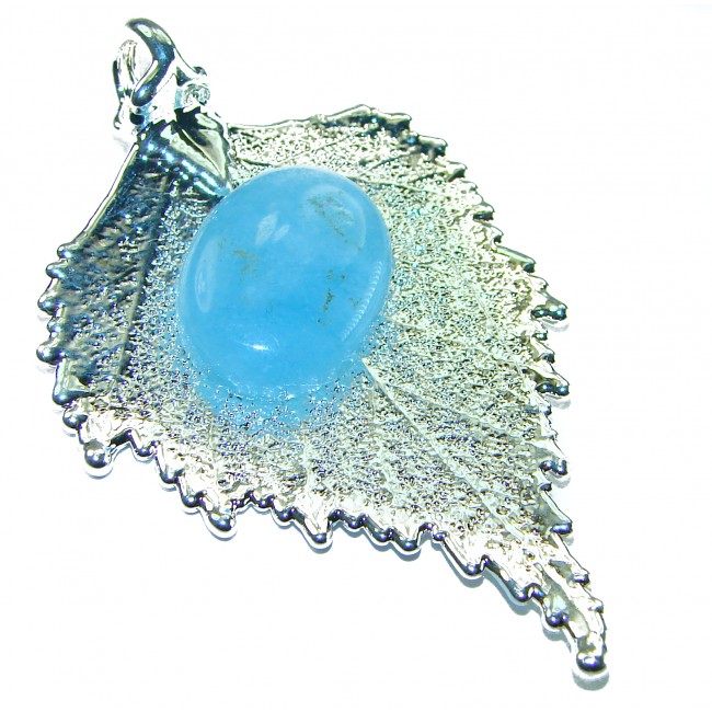 Stylish REAL Leaf dipped in Sterling Silver Aquamarine & .925 Sterling Silver Pendant