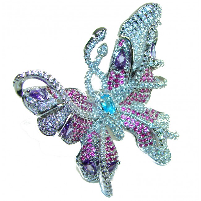 An exuberantly Large Dazzling Butterfly 18.5 carat Apatite Ruby .925 Sterling Silver handcrafted ring size 7 adjustable