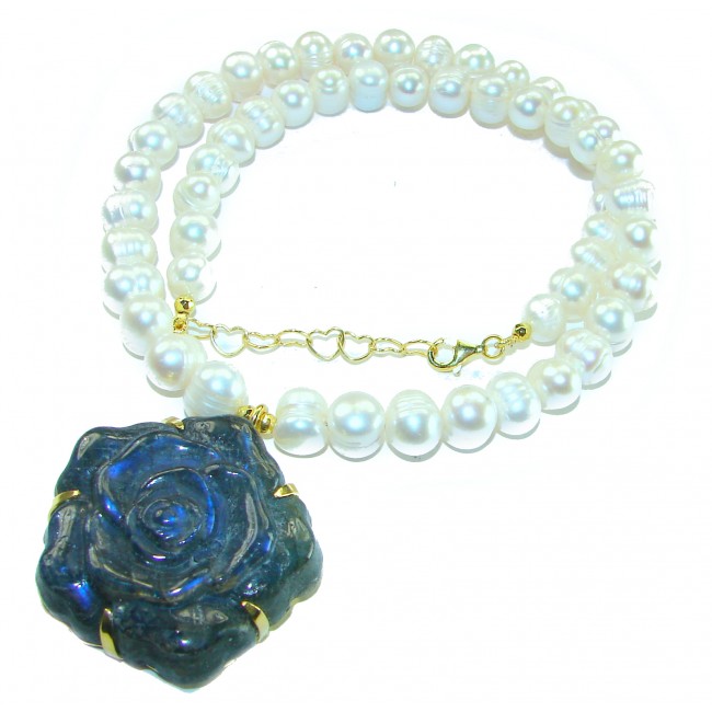 Dazzling Beauty - Exclusive fresh water Pearl carved Labradorite 14K Gold over .925 Sterling Silver handcrafted necklace