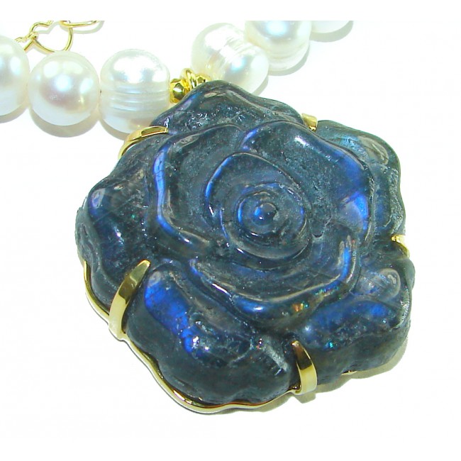 Dazzling Beauty - Exclusive fresh water Pearl carved Labradorite 14K Gold over .925 Sterling Silver handcrafted necklace