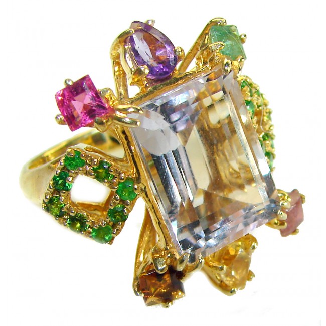 Blooming Orchid 17.5 carat Pink Amethyst 14K Gold over .925 Silver handcrafted Cocktail Ring s. 9 - Close-up of Blooming Orchid ring with multicolored gemstones.