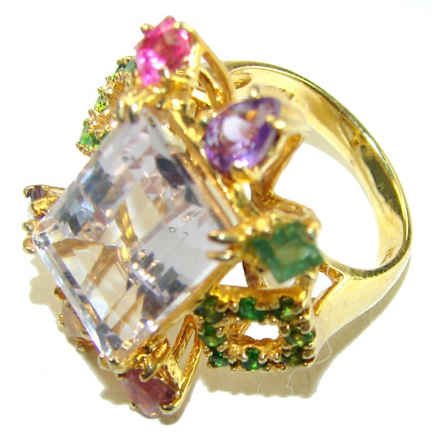 Blooming Orchid 17.5 carat Pink Amethyst 14K Gold over .925 Silver handcrafted Cocktail Ring s. 9 - Gold ring with colorful gemstones, close-up view.