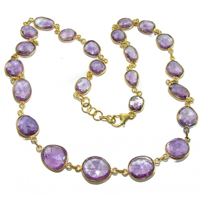 Purple Rose authentic 59.8 carat authentic Amethyst 14K Gold over .925 Sterling Silver handcrafted Station necklace - Amethyst necklace with gold, clasp detail shown.