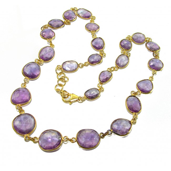 Purple Rose authentic 59.8 carat authentic Amethyst 14K Gold over .925 Sterling Silver handcrafted Station necklace - Amethyst necklace with gold setting, clasp detail, top-down view.