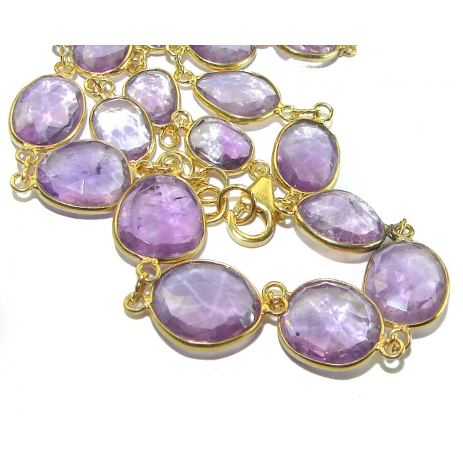 Purple Rose authentic 59.8 carat authentic Amethyst 14K Gold over .925 Sterling Silver handcrafted Station necklace - Close-up of amethyst stones in gold settings; clasp detail visible.