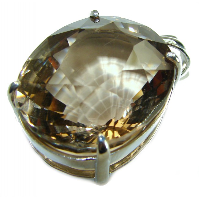 Penelope - Large- 59.5 carat carved Smoky Topaz .925 Sterling Silver handmade Pendant - Close-up of large 59.5 carat carved Smoky Topaz in sterling silver setting.