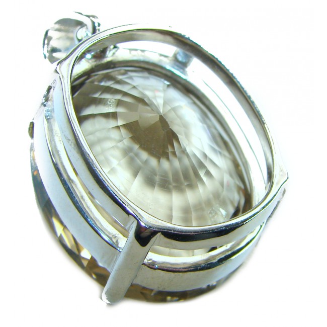 Penelope - Large- 59.5 carat carved Smoky Topaz .925 Sterling Silver handmade Pendant - Close-up of Penelope smoky topaz pendant in sterling silver setting.