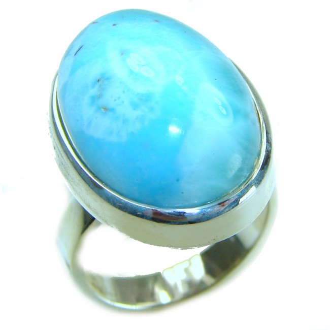 Captivating allure of Genuine AAAA Caribbean Larimar .925 Sterling Silver handcrafted STATEMENT ring size 7 adjustable - Larimar ring close-up showcasing stone and setting in detail.