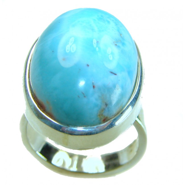 Captivating allure of Genuine AAAA Caribbean Larimar .925 Sterling Silver handcrafted STATEMENT ring size 7 adjustable - Close-up of Genuine AAAA Caribbean Larimar ring in sterling silver