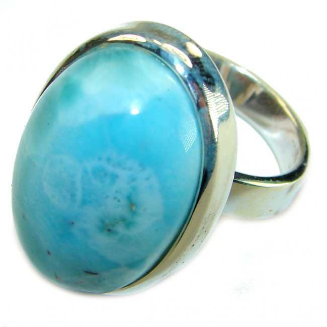 Captivating allure of Genuine AAAA Caribbean Larimar .925 Sterling Silver handcrafted STATEMENT ring size 7 adjustable - Close-up of genuine AAAA Caribbean Larimar ring in sterling silver setting